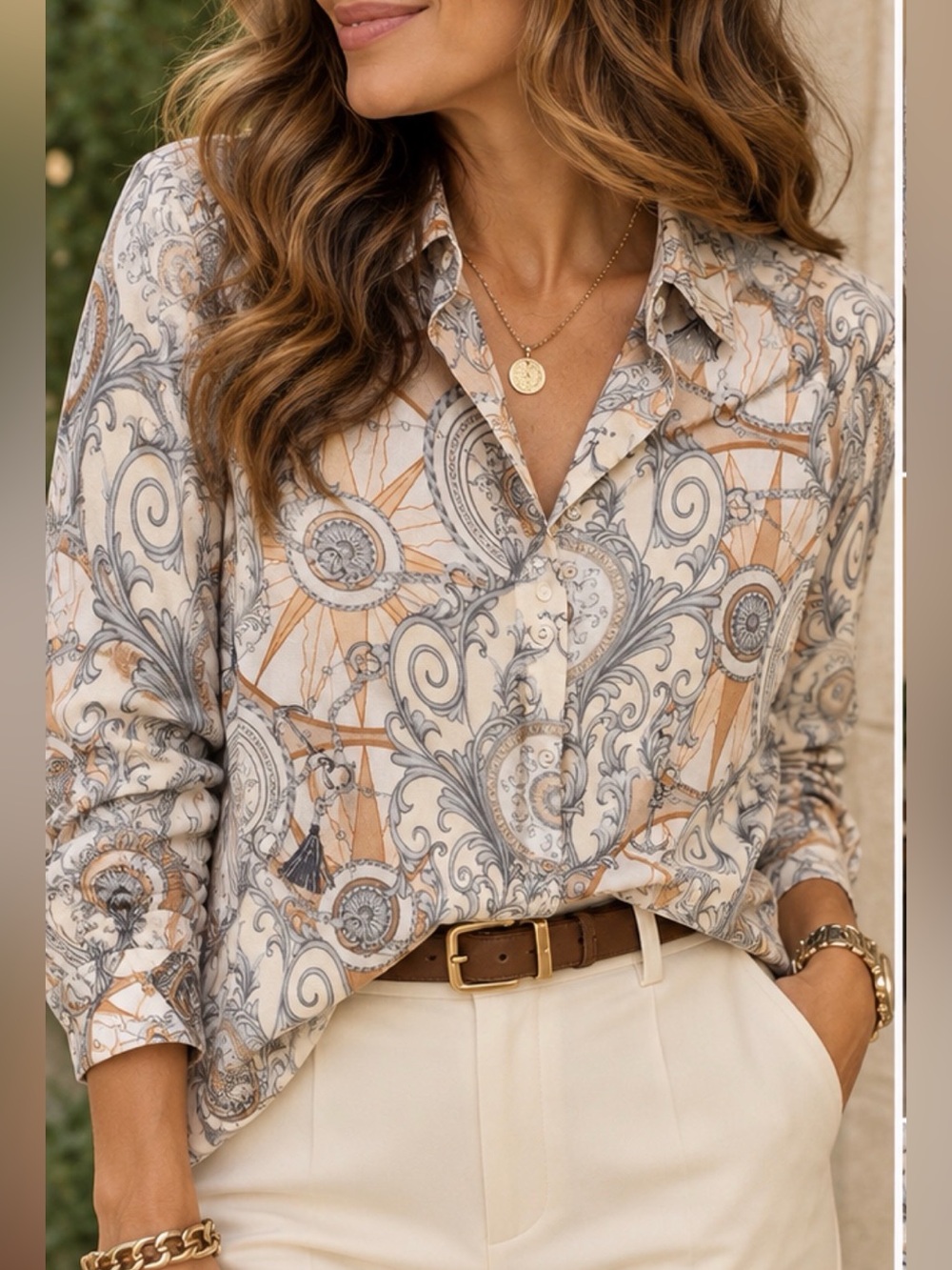 Jane + Delancey M Equestrian Scarf Print Linen Blend Button Down Shirt